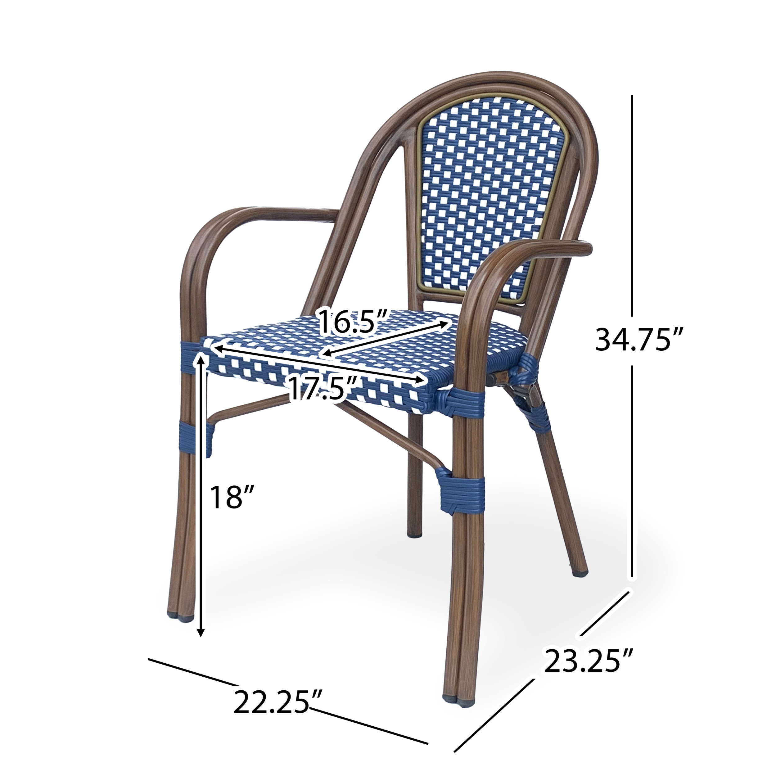Cecil Aluminum and Wicker Outdoor French Bistro Chairs, Set of 4, Navy Blue, White, and Brown Wood - image 3 of 7