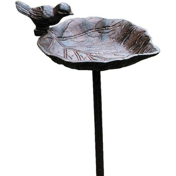 Country-Style, Leaf with Bird, Garden Stake Bird Bath, Cast Iron, 3 Feet 2 ½ Inches Tall