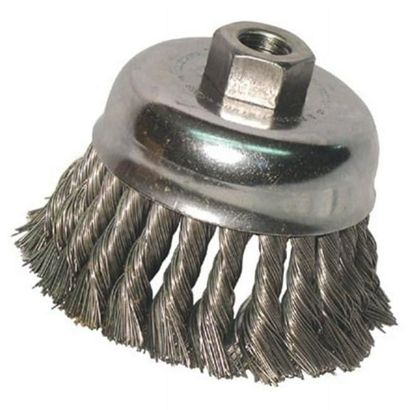 Knot Wire Cup Brush, 4 in Dia, 5/8-11 Arbor, .02 in Stainless Steel