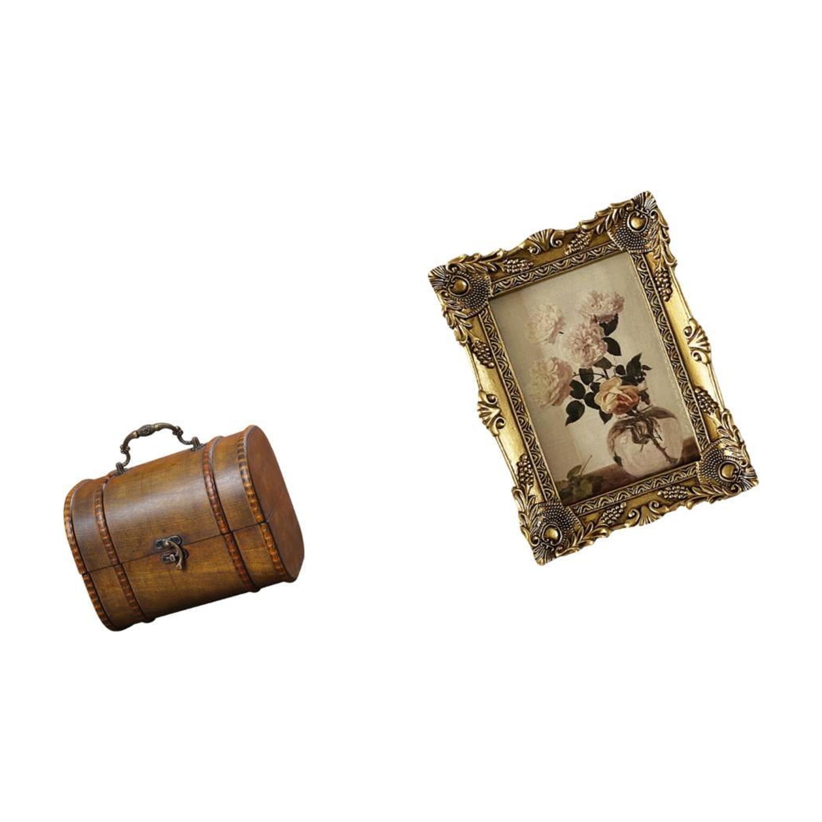 Milageto Vintage Wooden Jewelry Box Organizer Treasure Chest with Ornate Resin Photo Frame Decorative Storage for Rings Trinkets Birthday Wedding Tabletop