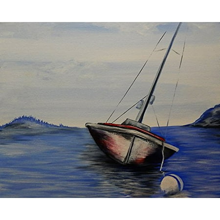 Seaside Sailboat (Rock The Boat by Ed Capeau 16x12 Art Print Poster Beach Coastal Ocean Seaside Blue Waves Stormy Riptide Sailboat)