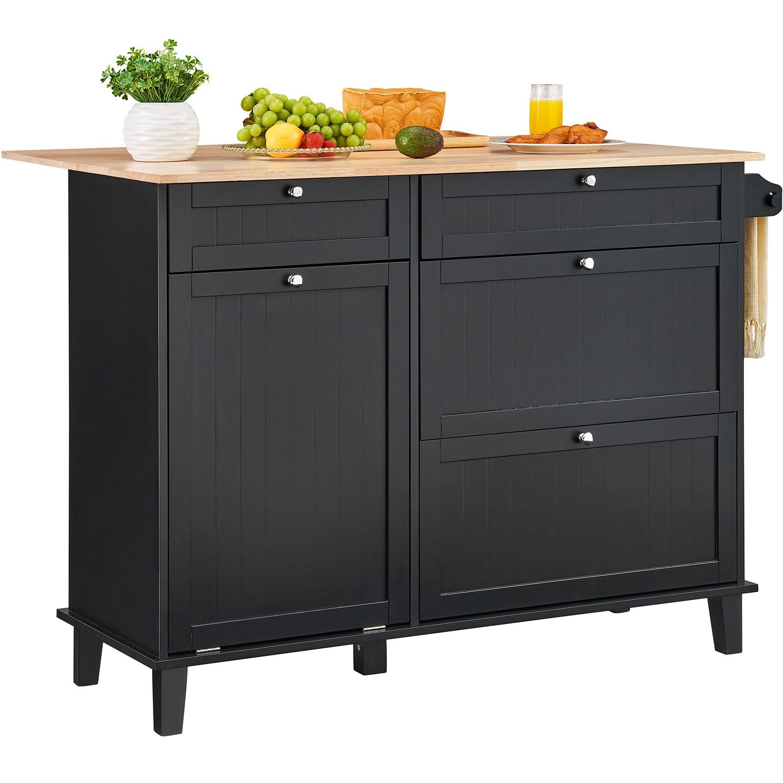 Kitchen Island Cart on Wheels with Storage Cabinet, 2 Drawers, Built-in Trash Bin Cabinet, Wood Countertop, Butcher Block Serving Cart, Mobile Workstation with Shelves