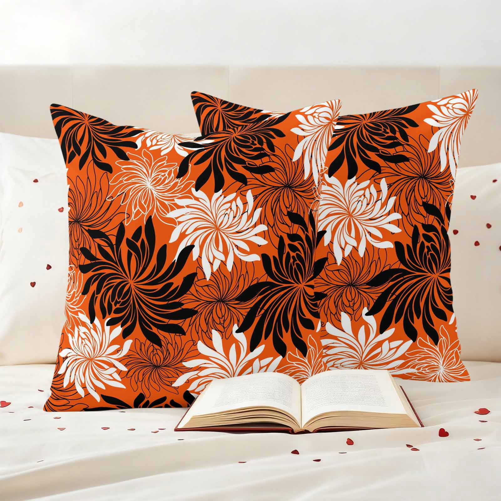 Orange Black Flowers Outdoor Waterproof Throw Pillow Covers 20x20 Set of 2, Modern Abstract Blooms Floral Decorative Pillowcases Cushion Pillowcase for Couch Sofa Patio Outside Pillow Protector