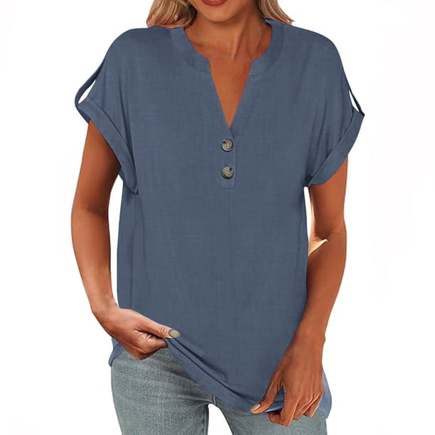 Blusas para las Mujeres Casual Verano Botón Sólido Camisa V-Cuello Blusa Suelta, Camiseta de Lino de Algodón para Acampar Al Aire Libre Y Uso Diario, Estilo Vintage