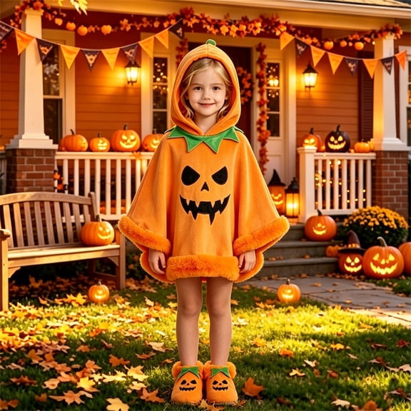 Halloween Hooded Poncho for Kids Fluffy Pumpkin Face Hooded Poncho (Orange)