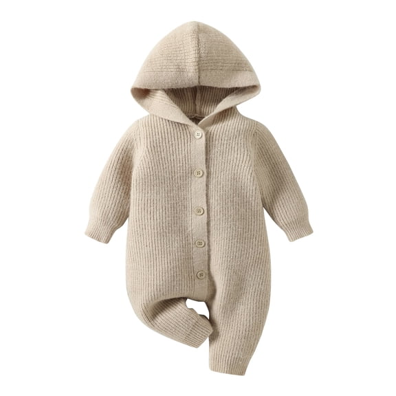 Odeerbi Baby Bodysuit Layette Onesie for Toddler Boys Girls Color Cute Knitting Winter Thick Keep Warm Hoodie Jumpsuit Romper Khaki