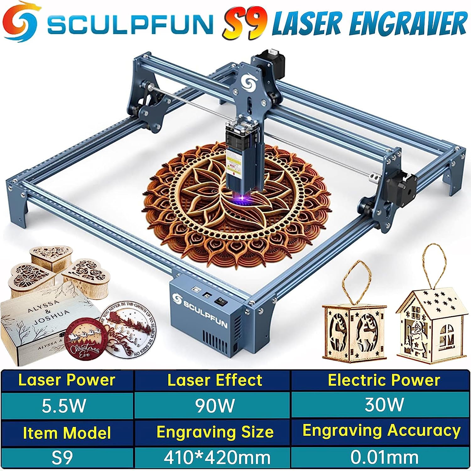 SCULPFUN S9 Laser Engraver with 400x400mm Honeycomb Laser Bed, 90W Effect  High Precision CNC Laser Engraving Cutting Machine, High Energy Laser Cutter