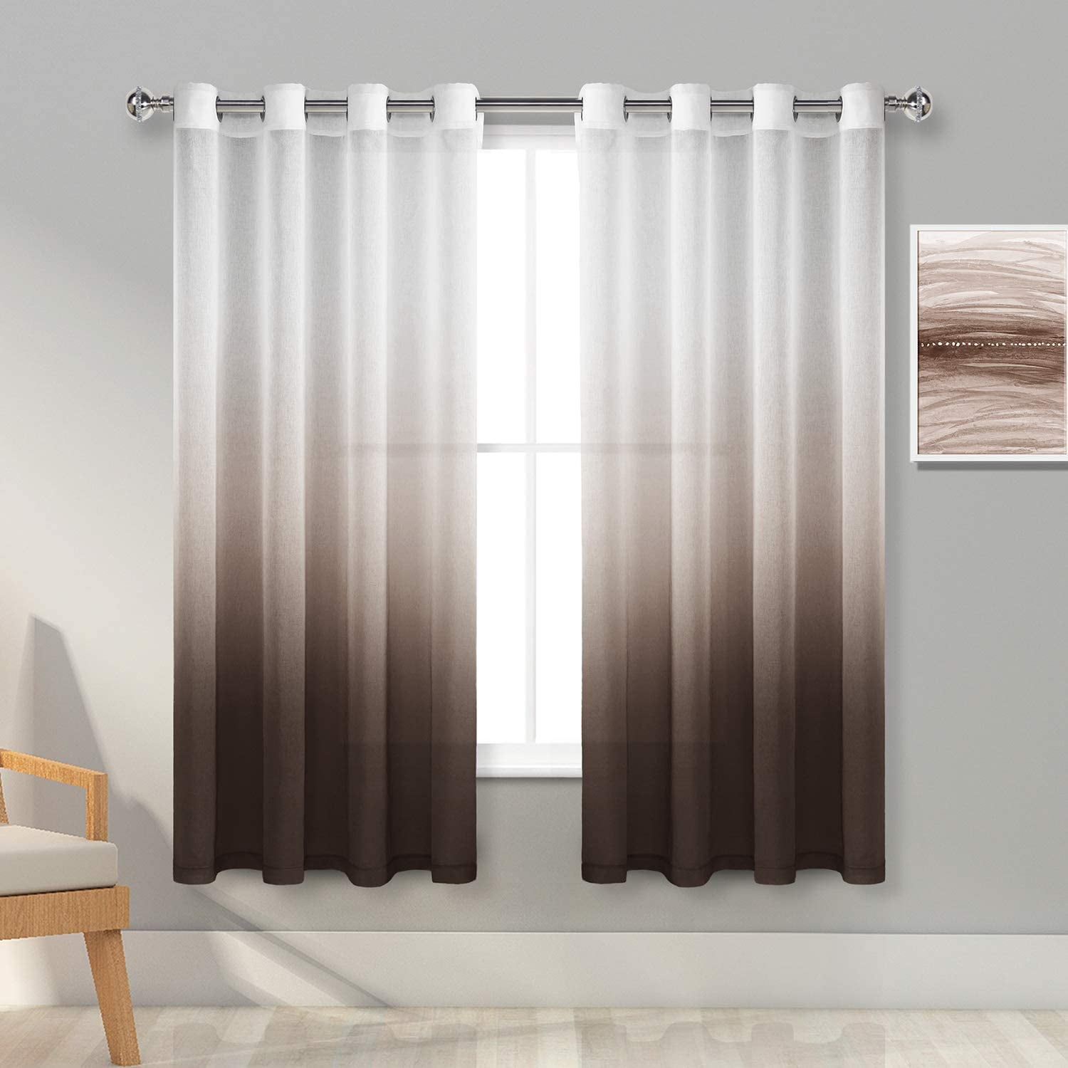 Light Brown 52 x 84 Inches Long DWCN Ombre Sheer Curtains Set of 2 Panels Faux Linen Rod Pocket Semi Voile Window Curtains for Bedroom and Living Room