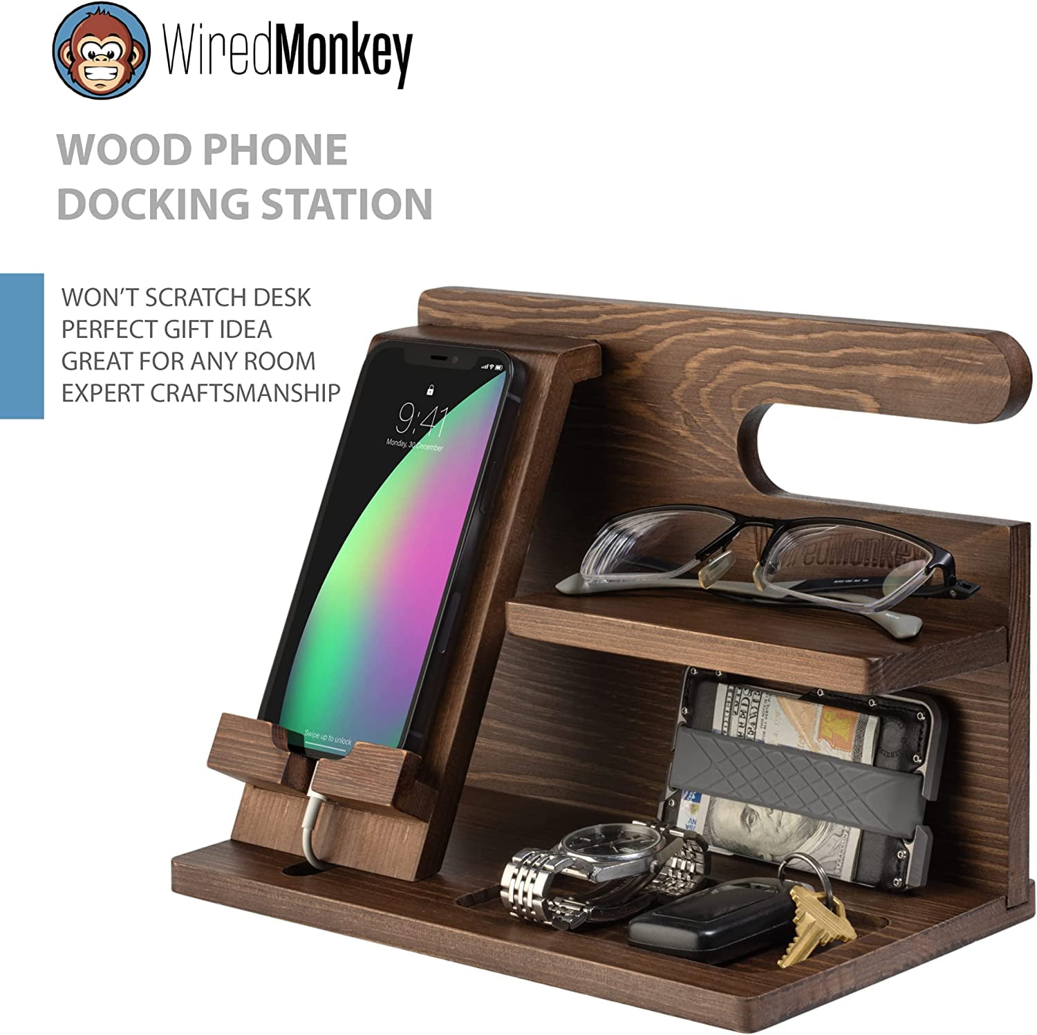 WiredMonkey Wood Phone Docking Organizer - Hand-Crafted Premium & Durable  Phone Docking Nightstand Station with Non-Slip Base - Compatible with