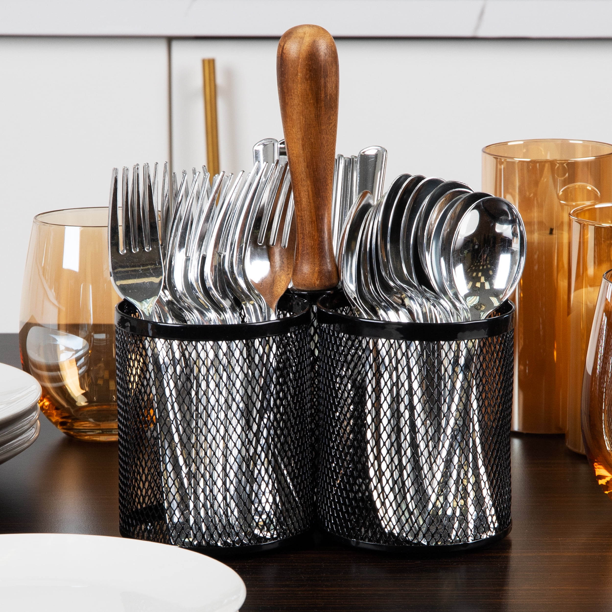 Mind Reader Utensil Holder, Silverware Organizer, Caddy, Metal, 7.5"L x 7.5"W x 9.75"Height, Black