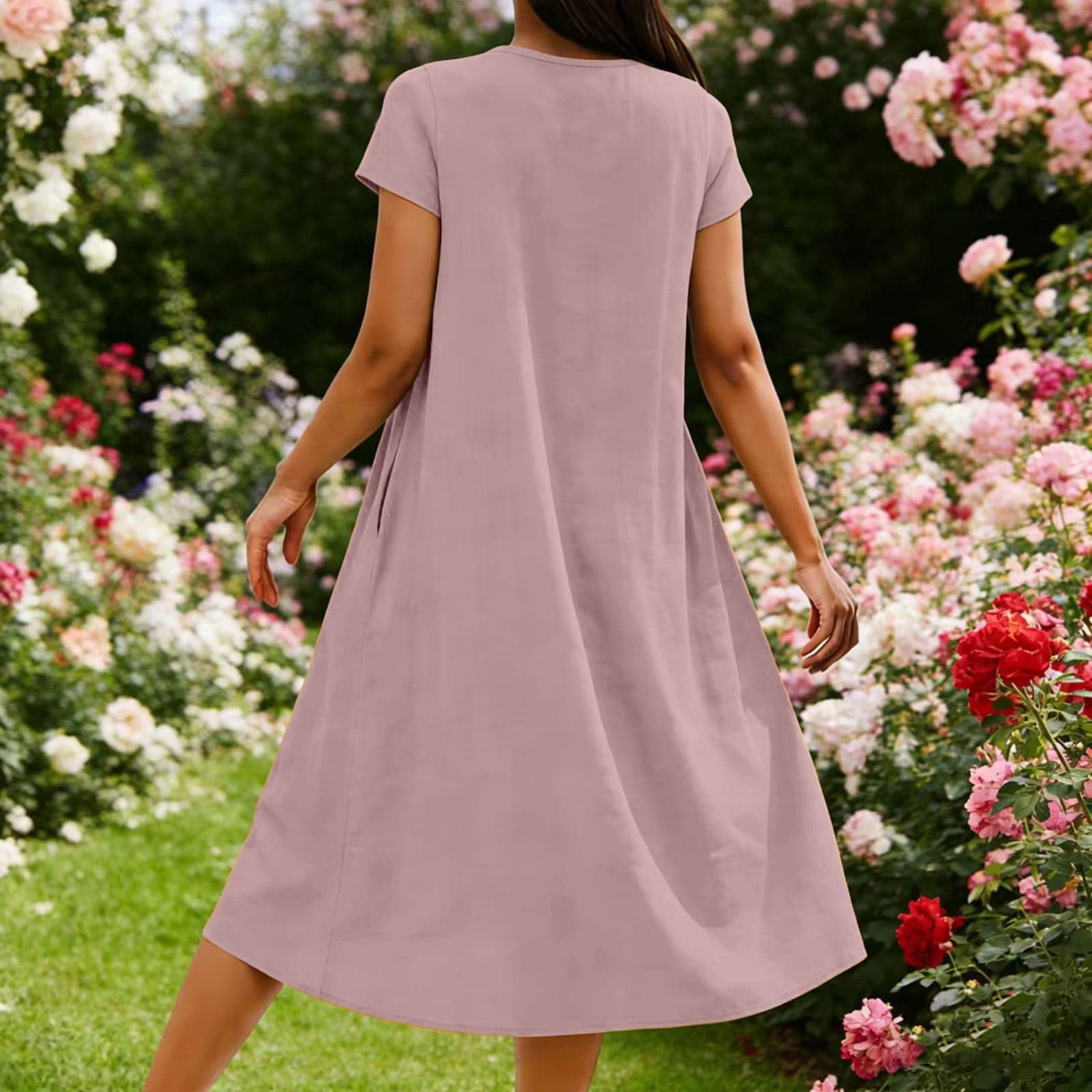 YFNNUP Short Sleeve Cotton Linen Maxi Dress for Women Round Neck Casual Summer Dresses Vintage Flowy Beach Vacation Sundress with Pockets
