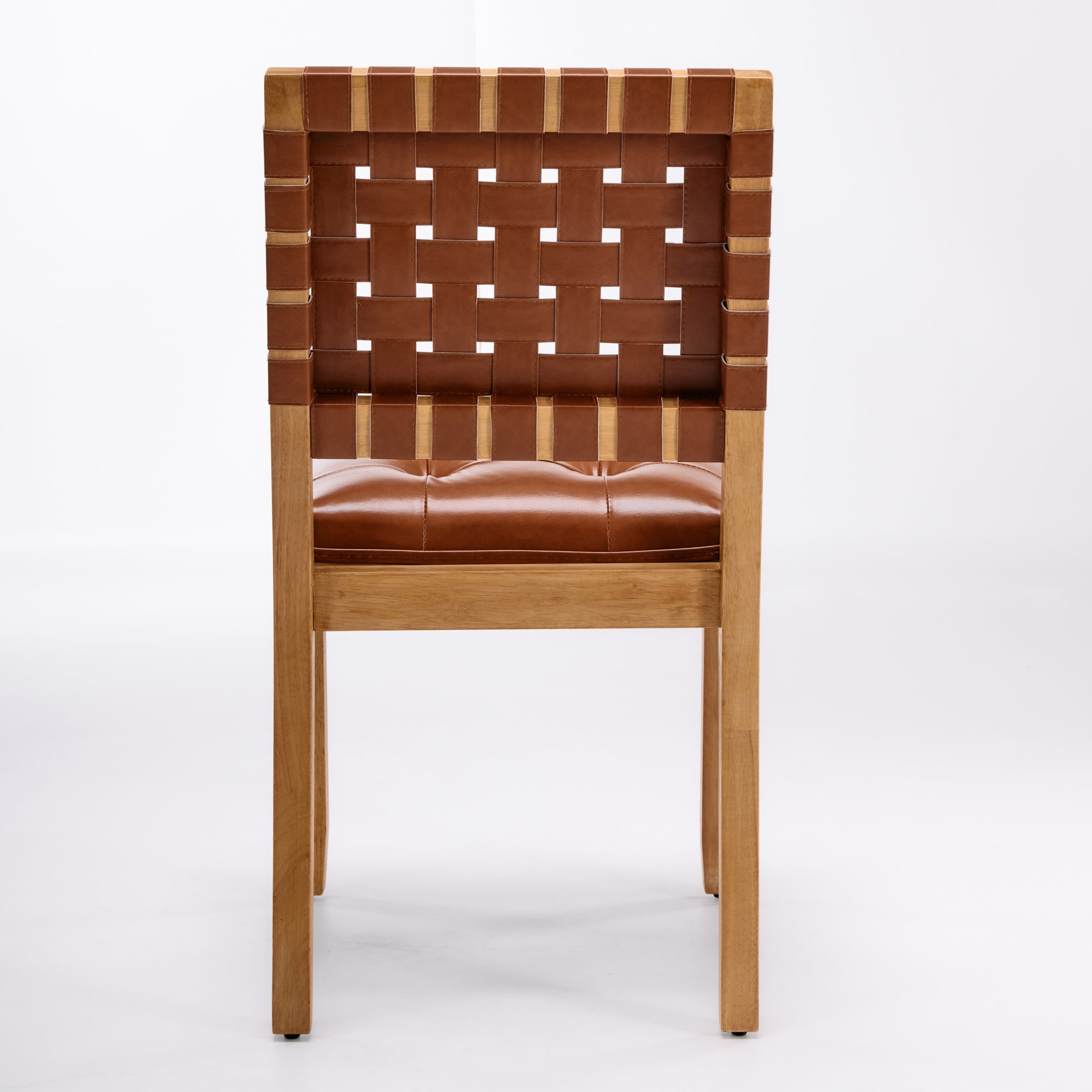 GARITIN Dining Chairs Set of 2, Woven PU Leather Side Chairs with Button Tufted Seat and Solid Wood Frame for Dining Room, Saddle Brown