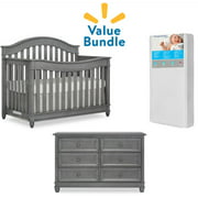 Evolur Hampton 5 in 1 Convertible Crib + Double Dresser + Mattress Value Bundle
