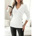 thumbnail image 4 of Botton Side Surplice Neck Sweater, Elegant Long Sleeve Sweater For Fall & Winter, Women's Clothing, 4 of 5