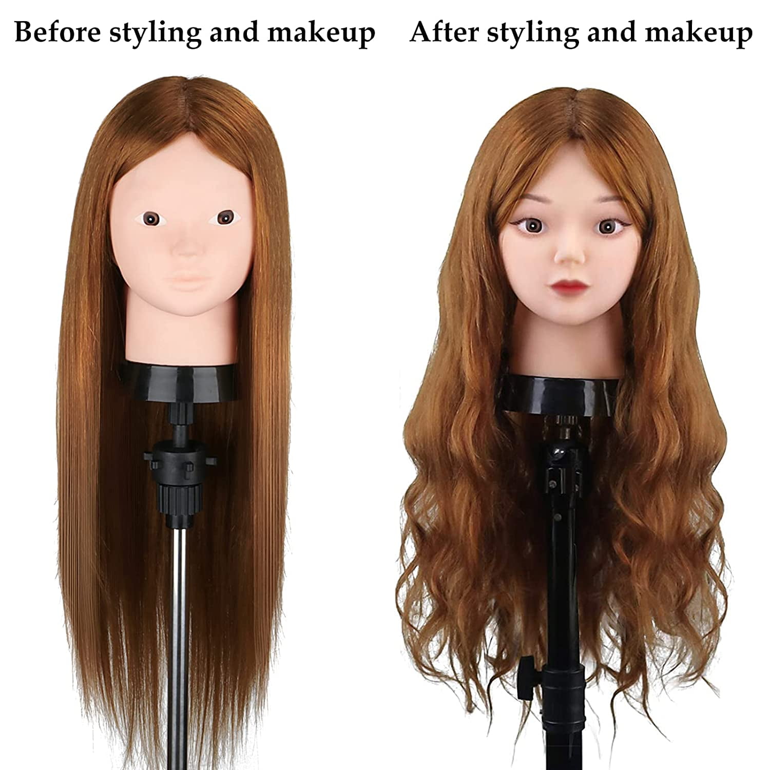 Mannequin Head with 80% Human Hair, 26 Brown Cosmetology Mannequin Head  Hair Styling Hairdressing Practice Training Doll Heads with Clamp Holder  and