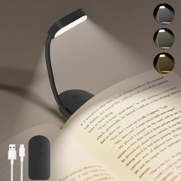 Book Light, Rechargeable Mini Clip on Reading Light with 3 Colors & Foldable Hose, Dimmable LED Book Night Light for Reading in Bed at Night, Gifts for Readers Book Lovers Women Men Kids