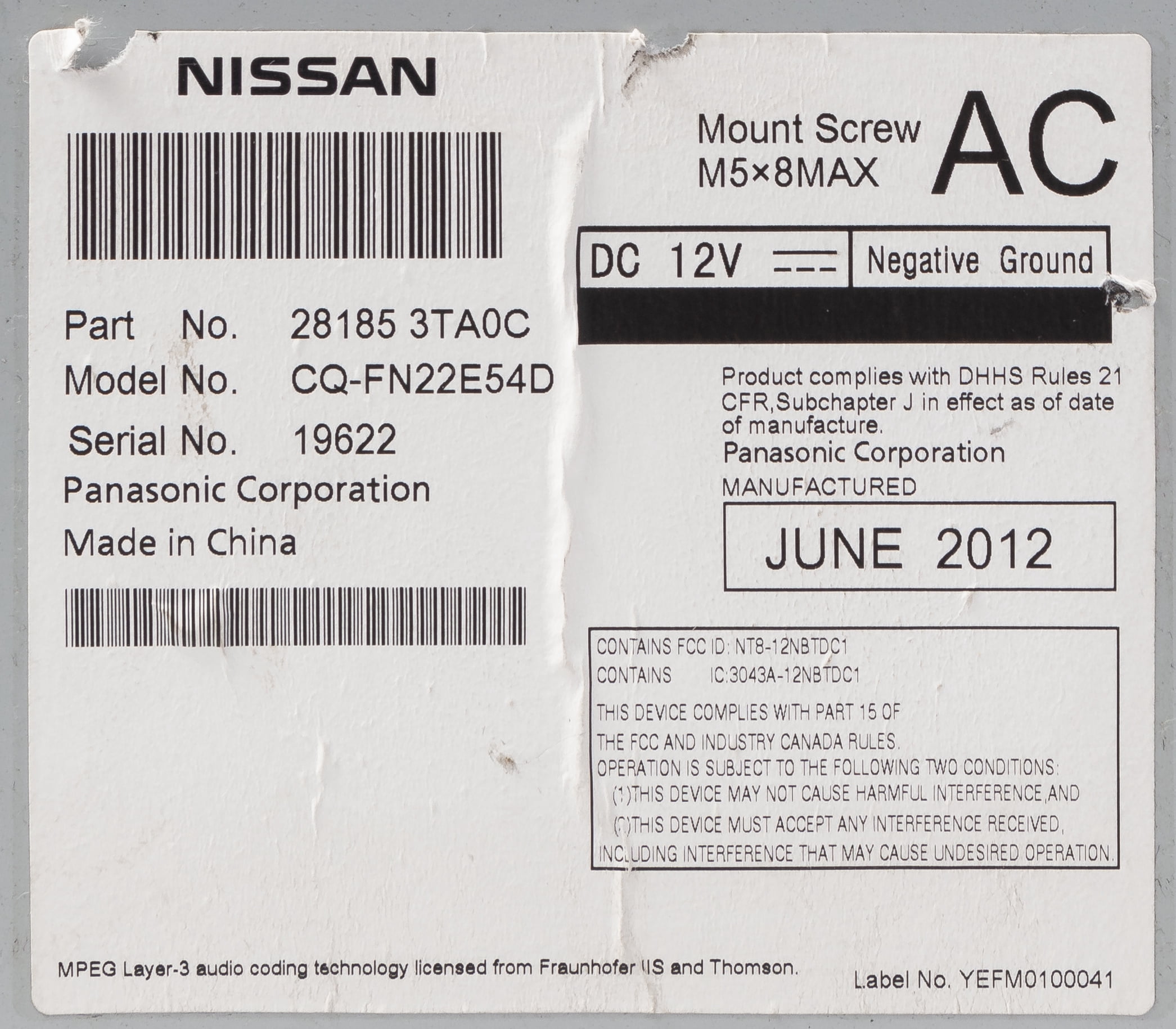 2013-2015 Nissan Altima AM FM Satellite Radio Aux Bluetooth CD Player 281853TA0C
