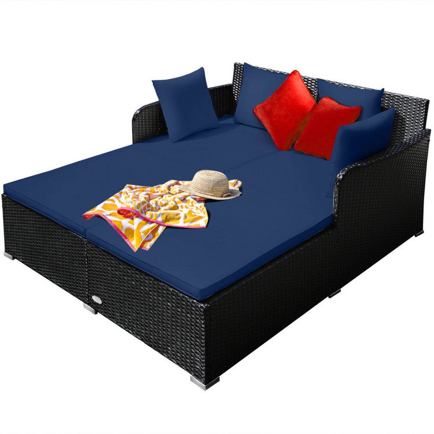 Aimee Lii Spacious Outdoor Rattan Daybed with Upholstered Cushions and Pillows, Outdoor Deck Furniture, Navy Aimee Lii Spacious Outdoor Rattan Daybed with Upholstered Cushions and Pillows, Outdoor Deck Furniture, Navy