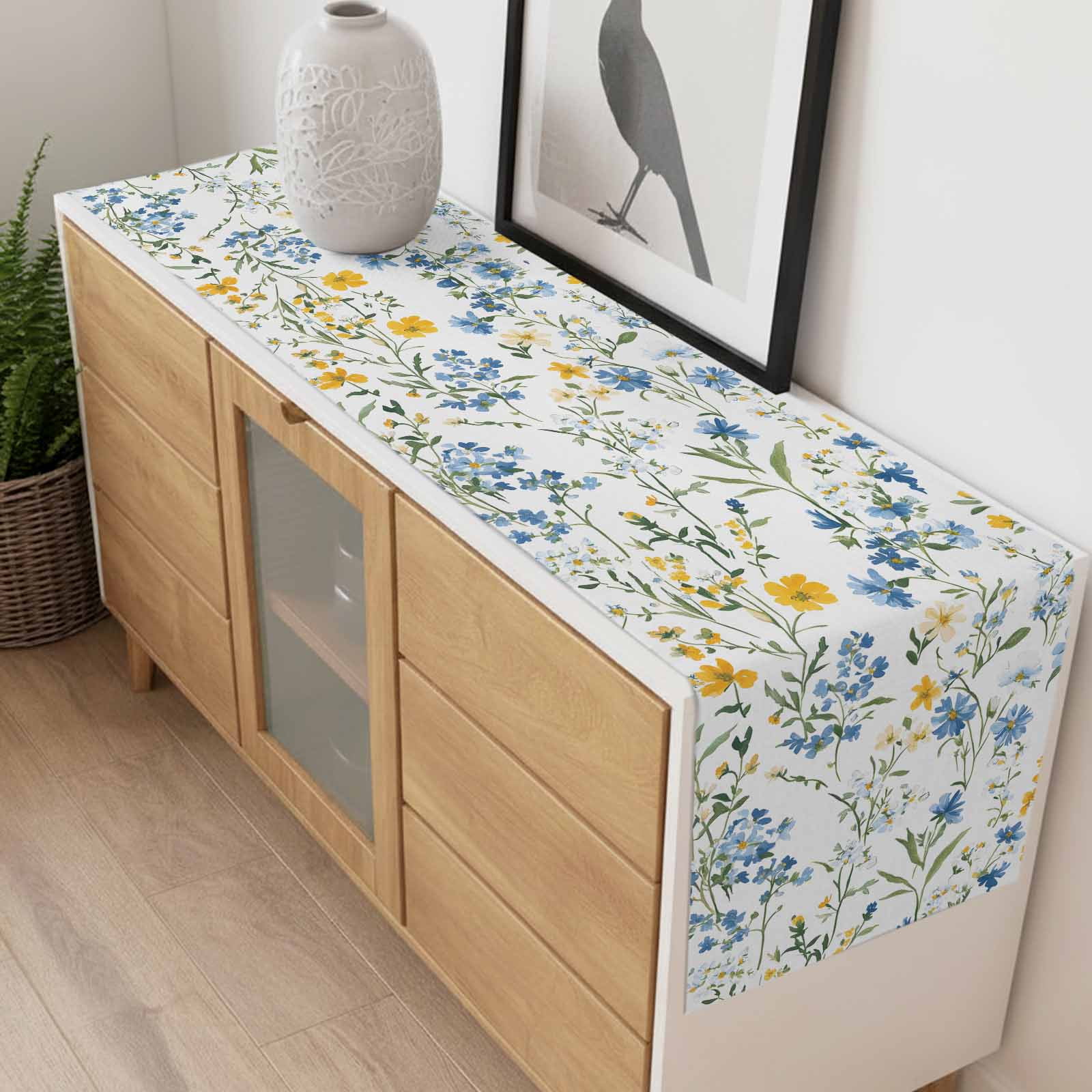Spring Floral Cotton Linen Table Runner Blue Yellow Wildflower Green Leaves Rustic Dining Table Runners for Home Decor Party Dining Room Restaurant Kitchen 13" x 108"