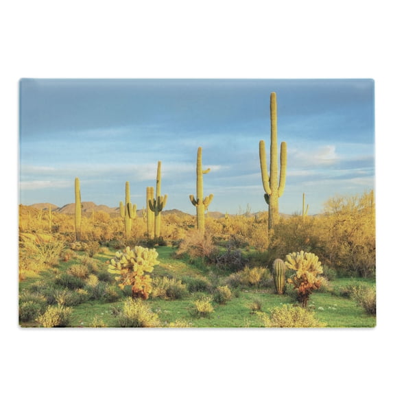 Saguaro Cutting Board, Sun Bath in Sonoran Desert Blooming Cactus Spring Time Vegetation Scenery, Decorative Tempered Glass Cutting and Serving Board, Large Size, Marigold Blue Green, by Ambesonne