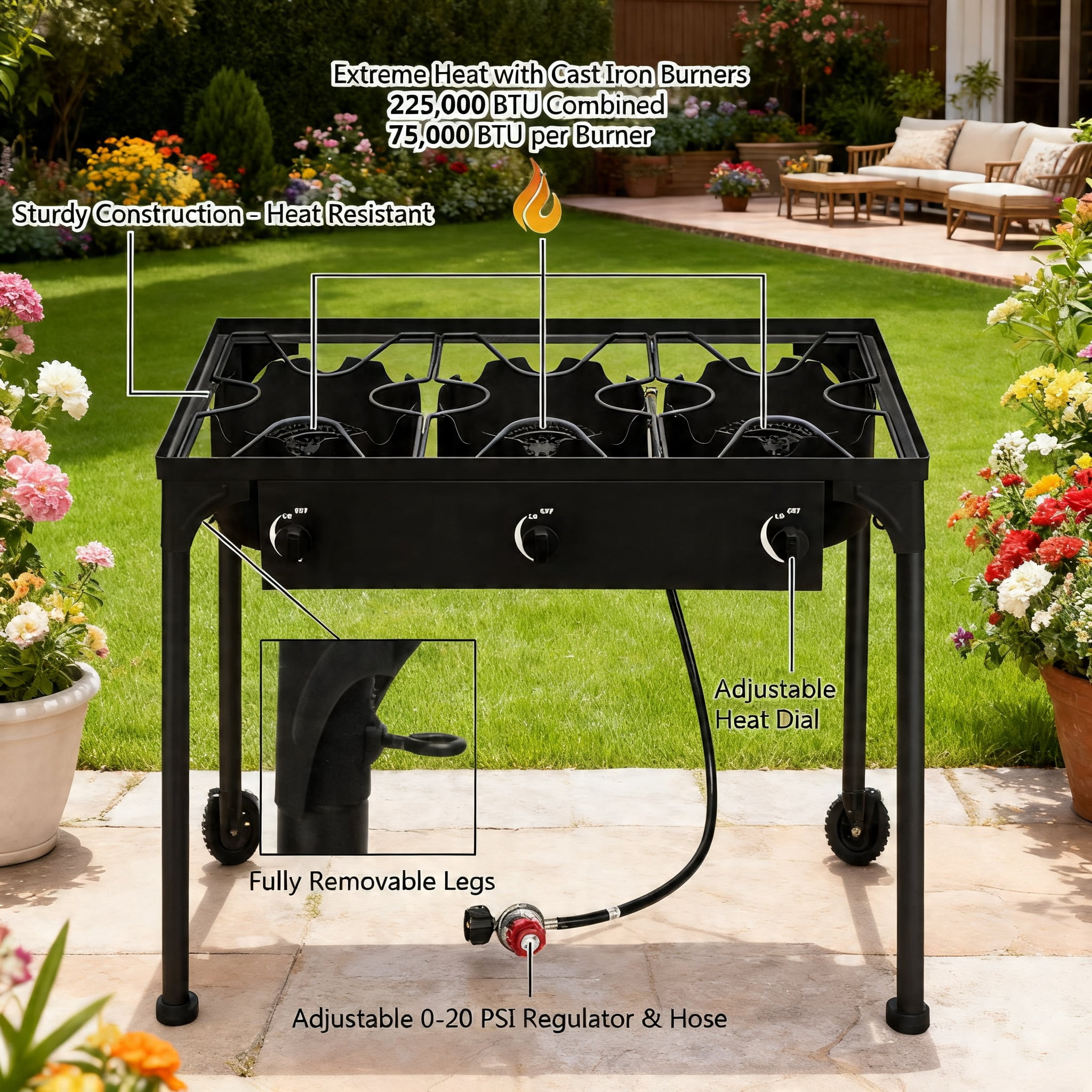 LODZPK 3 Burner 225000 BTU High Pressure Propane Gas Cooker, Portable Cast Iron Outdoor Camp Stove