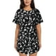 thumbnail image 1 of Balery Black White Leaves Conjunto de Pijama para Mujer con Estampado, Dos Piezas de Manga Corta y Shorts, Ropa de Dormir Suave con Cuello Redondo y Bolsillos-Large, 1 of 6