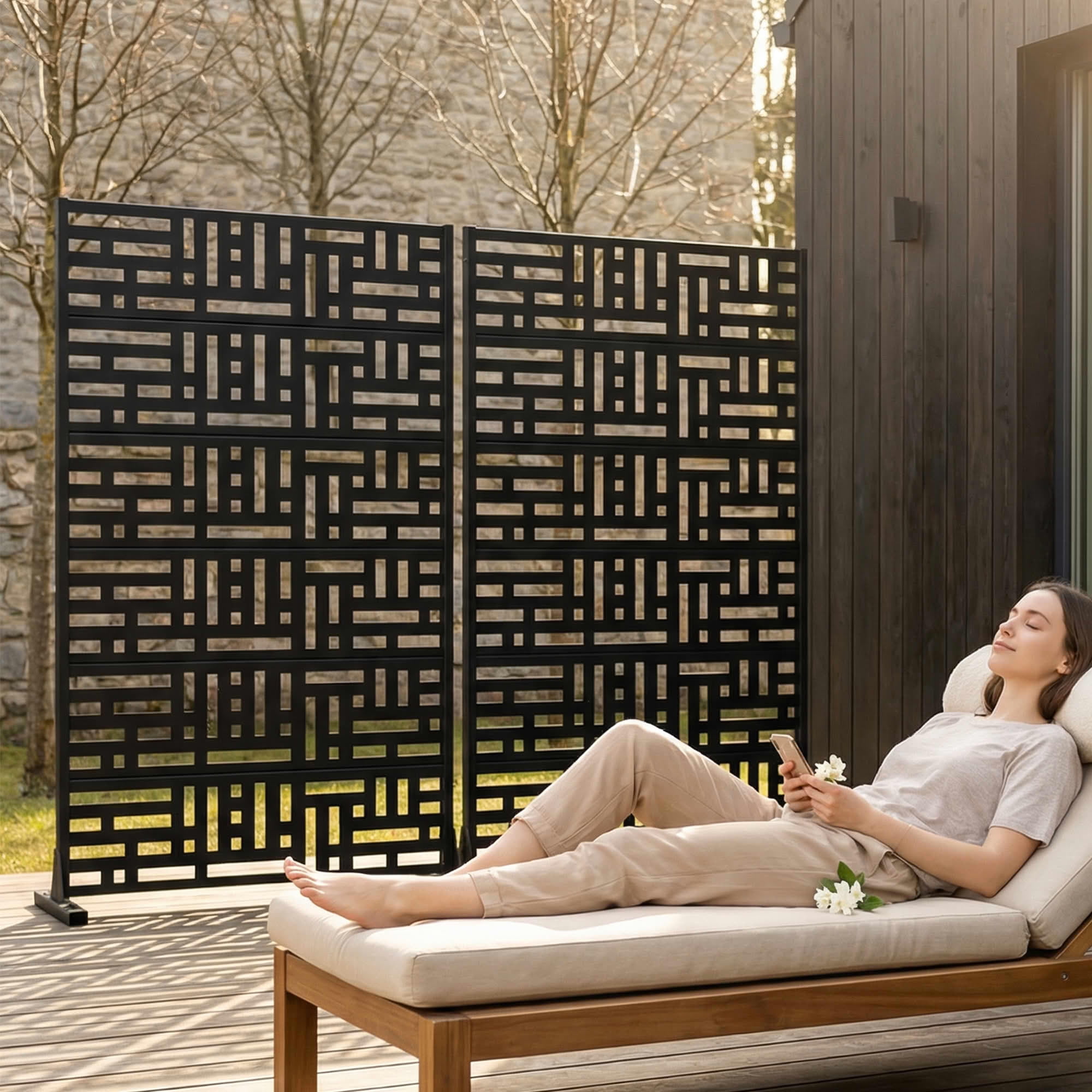 MAYEERTY 72"x47" Privacy Screen, Black Street Pattern 6-Panel Galvanized Steel Screen, Decorative Cutout Fence for Outdoor Patio Yard