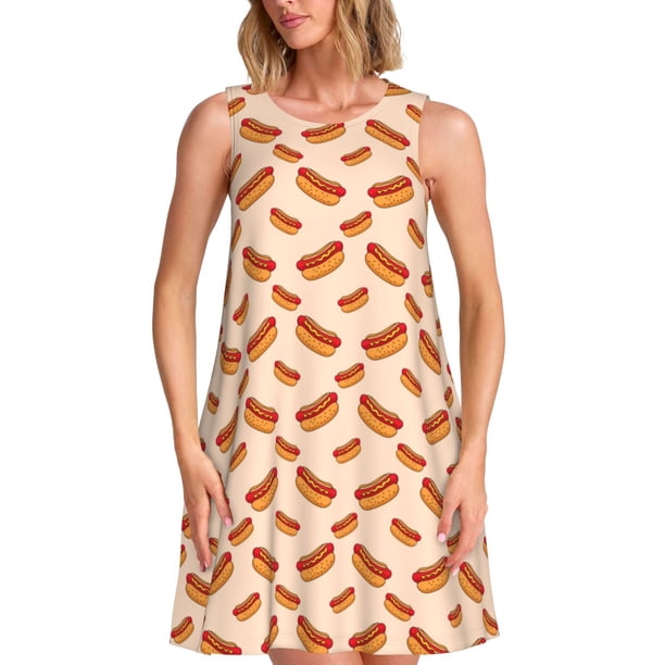 Easygdp Hot Dog 2 para Vestido Transpirable de Mujer, Vestido Suelto de Manga Corta con Pliegues y Bolsillos para el Verano