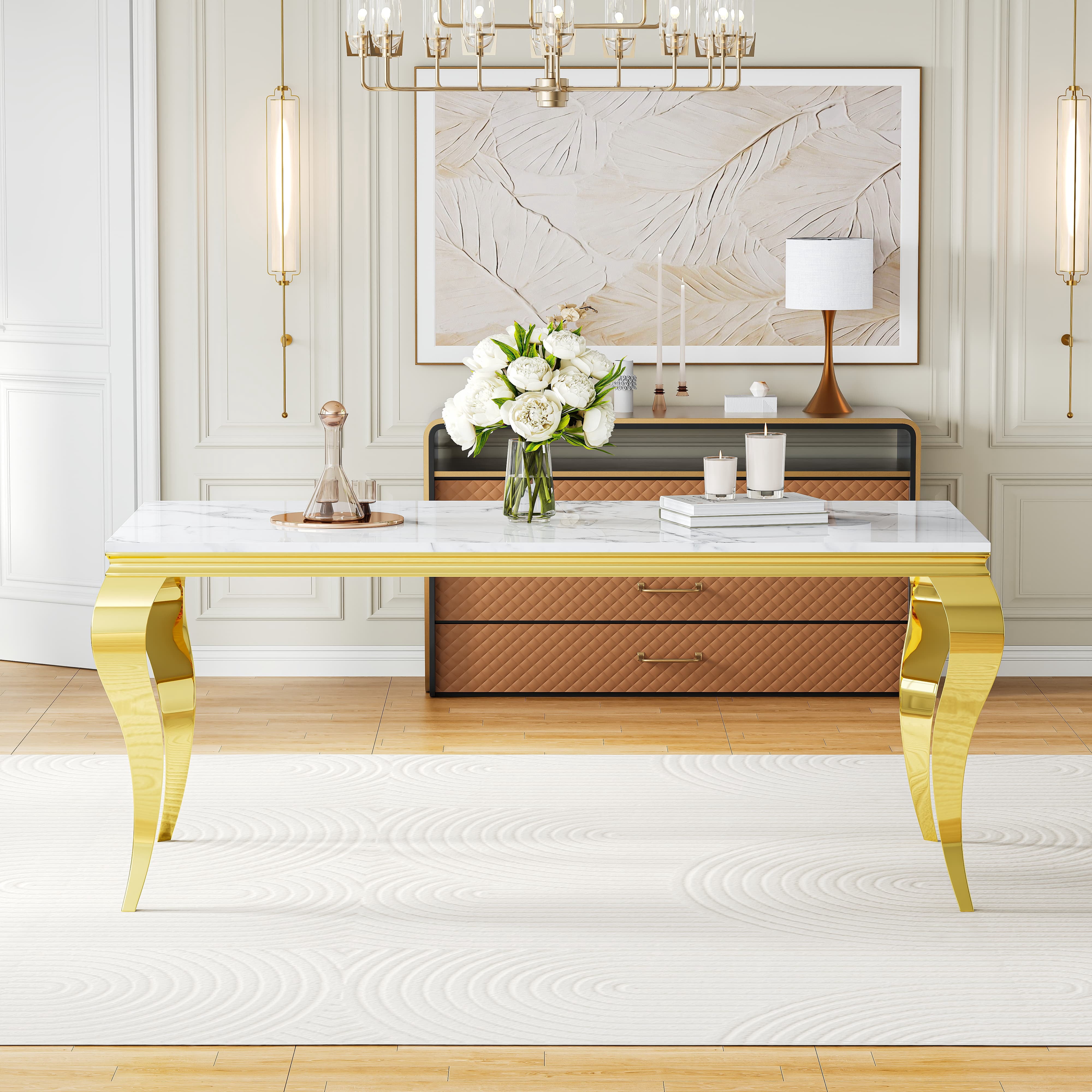 Modern Marble Dining Table, 70" Faux Marble Top and Polished Stainless Steel S-Shaped Legs, for Apartment, Living Room, Kitchen