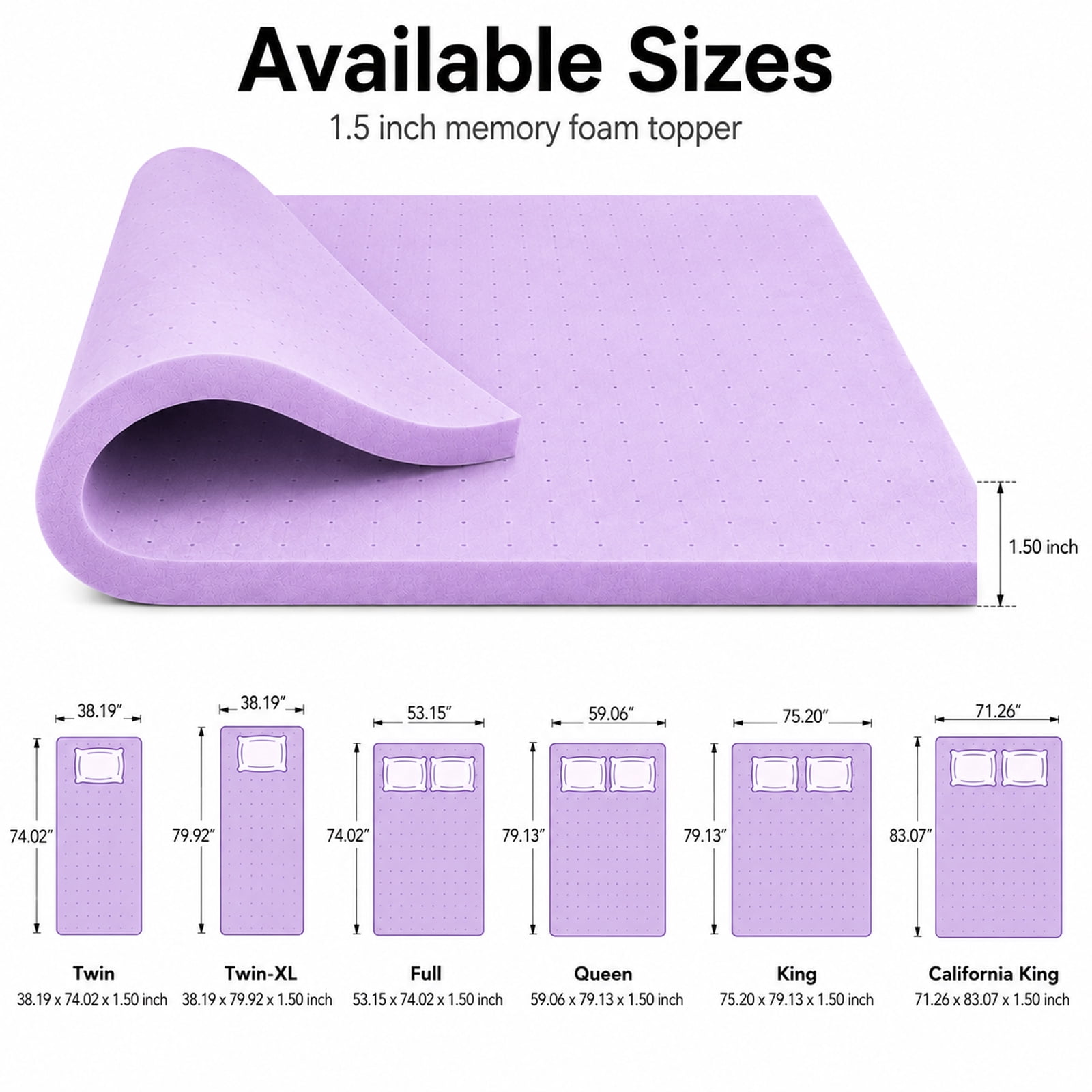 Alvantor 1.5 Inch Cooling Gel Memory Foam Mattress Topper Pressure Relief Pad, Ventilated Design Bed Topper, Purple
