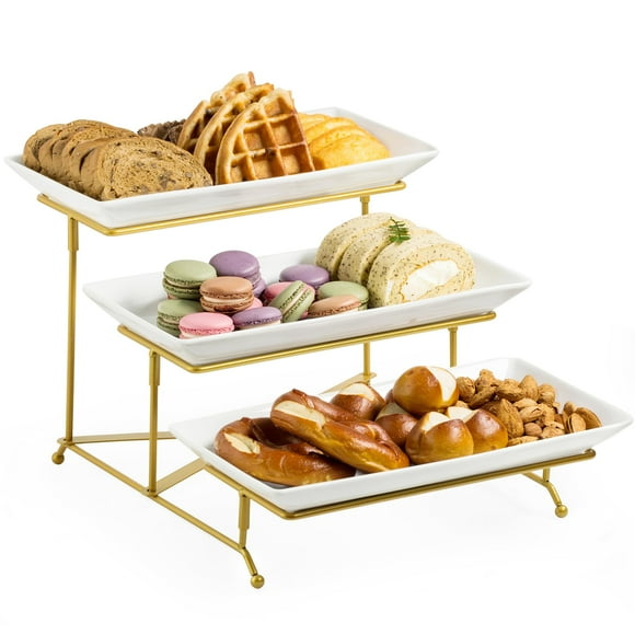 LAUCHUH 3 Tier Serving Stand Porcelain Serving Platter Tier Serving Trays with Collapsible Sturdier Rack, Serving Dishes and Platters for Halloween, Christmas, Entertaini