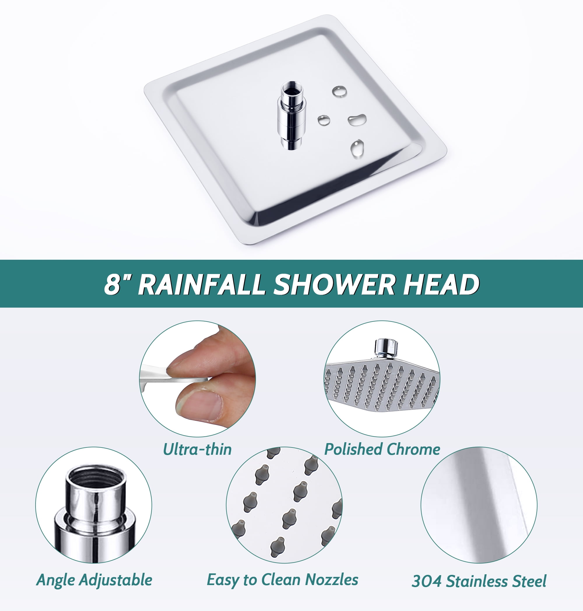 G-Promise All Metal Square 8" Rainfall Shower Head with Handheld Combo, with 71" Extra Long Flexible Hose, Smooth 3-Way Diverter