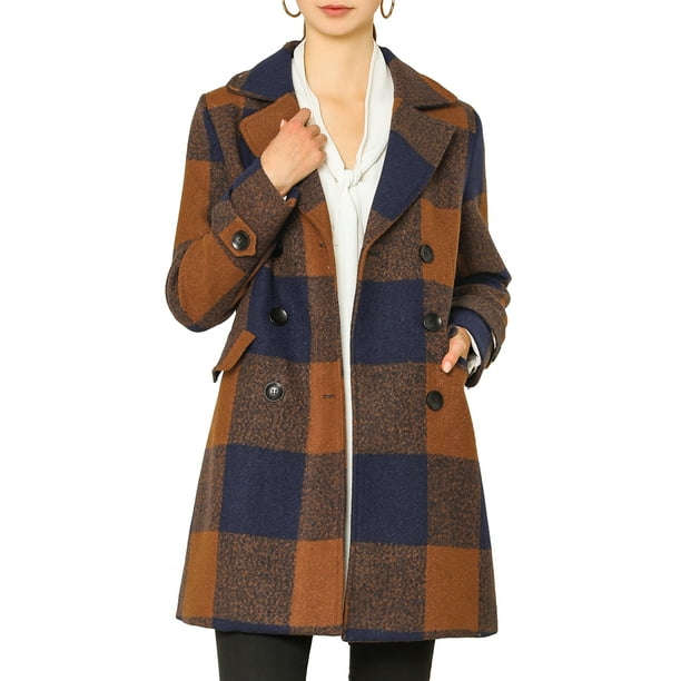 Abrigo de cuadros marrón de doble botonadura con solapas de muesca y mangas largas para mujer Inspire Chic