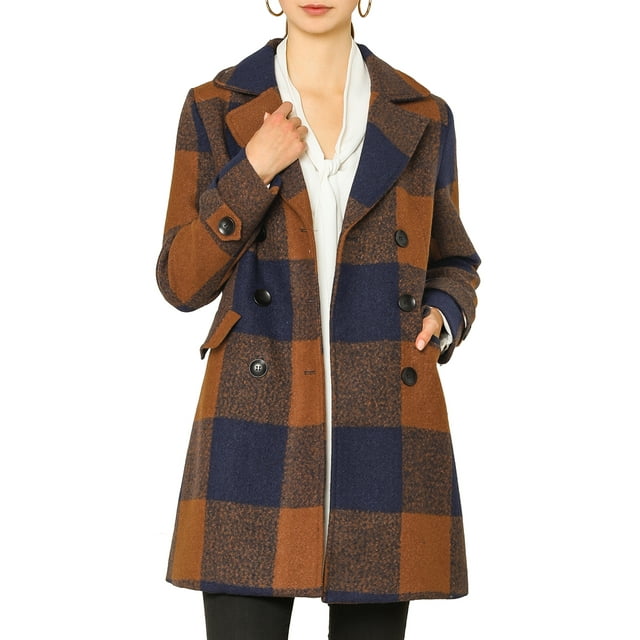 INSPIRE CHIC Manteau à Carreaux à Double Boutonnage à Manches Longues avec Revers Cranté pour Femmes TP Marron