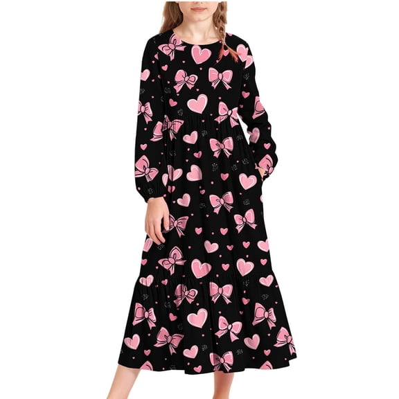 Babcutegg Kid Girls Dresses Comfortable Crew Neck Knee Length Side Pockets Graphic Pattern Fall and Spring Clothes for Girls Multicolor Size 14-15