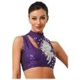 thumbnail image 3 of Doomiva Women Lyrical Dance Tops Sparkly Sequins Crop Top Modern Contemporary Ballet Dancewear Purple XL, 3 of 5