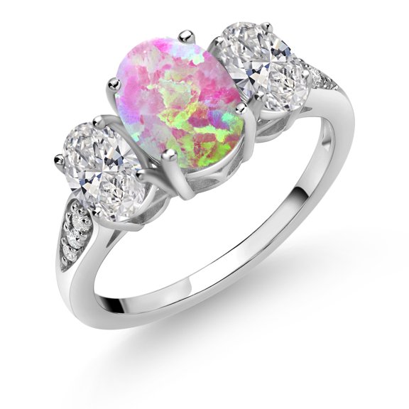 Gem Stone King 10K White Gold Simulated Pink Opal, White Lab Grown Diamond Engagement Ring for Women | 1.89 Cttw | Oval Cabochon 8X6MM | Gemstone October Birthstone | Size 5