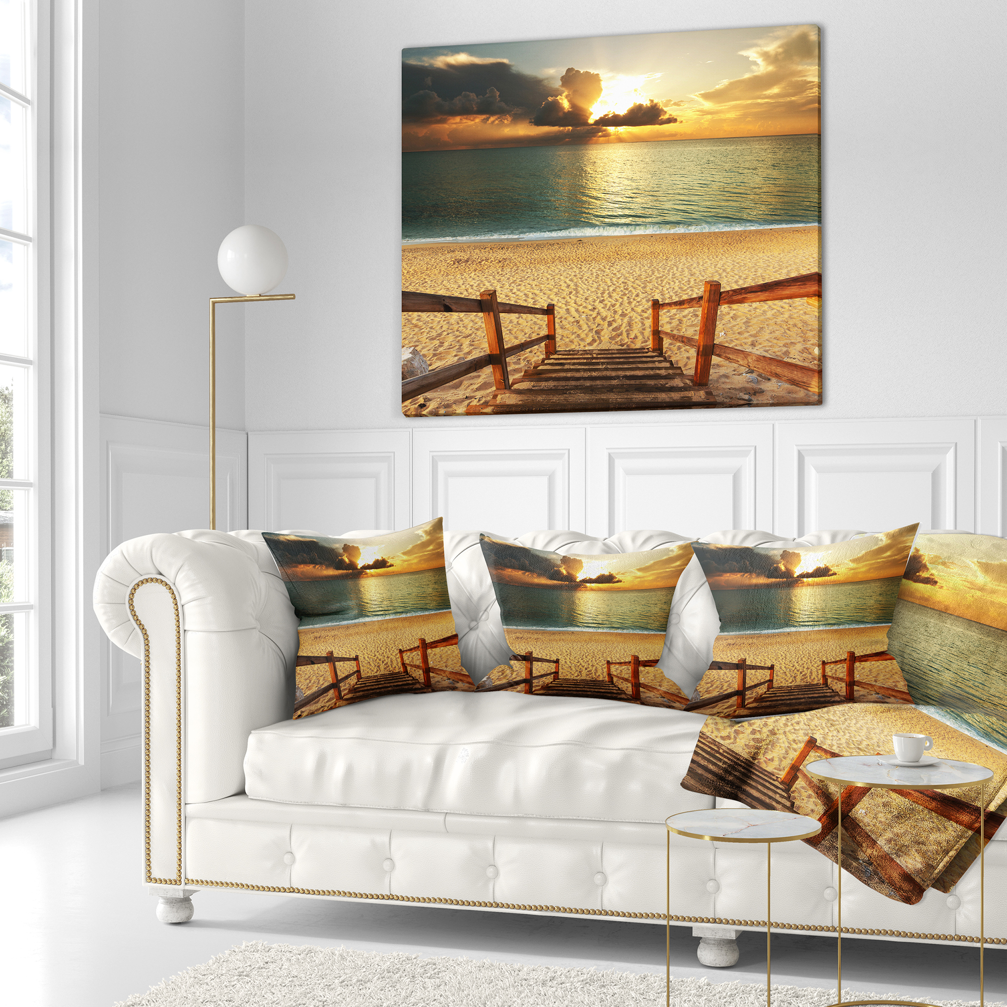 Designart Boardwalk Stair into Sandy Beach - Bridge Throw Pillow - 16x16