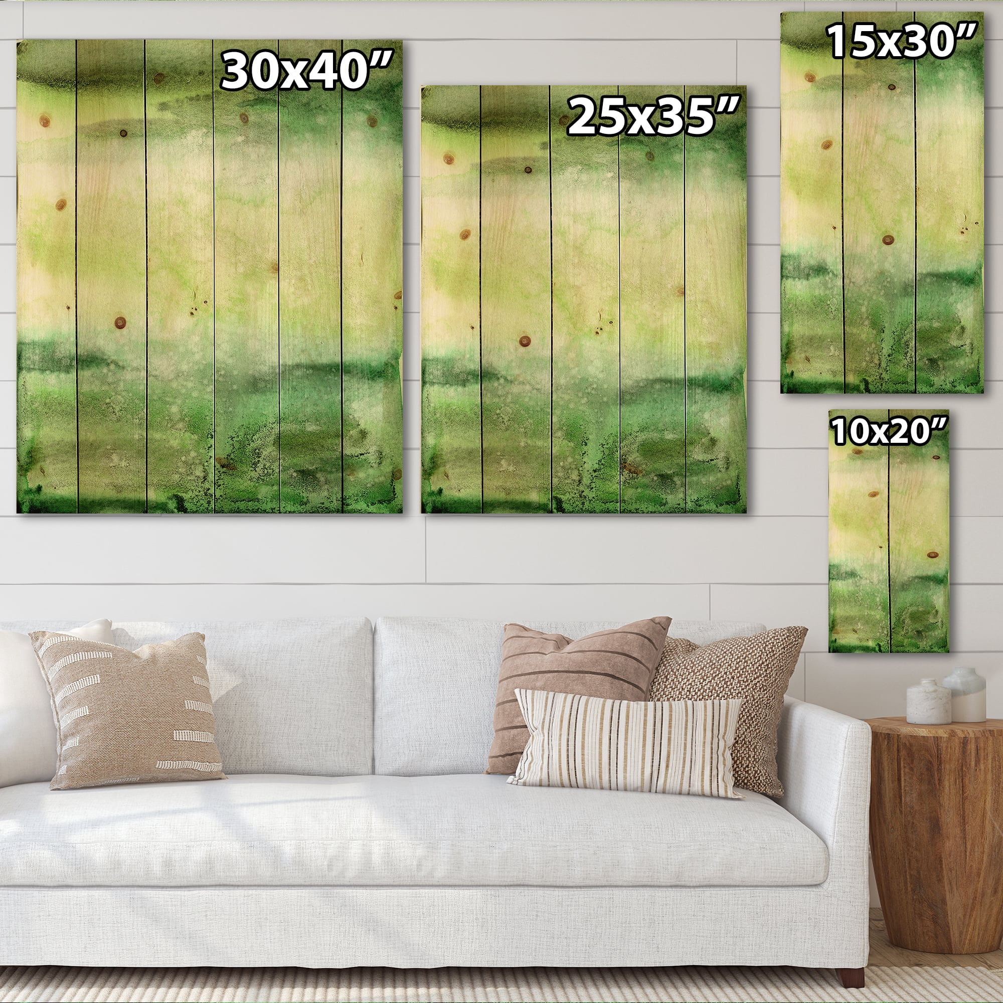 Designart 'Pastel Abstract With Beige and Dark Green & Spots' Modern Print on Natural Pine Wood
