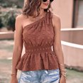 thumbnail image 2 of Blusa de un hombro Top sin mangas Dobladillo con volantes Cintura fruncida elástica Blusa jacquard Camisa Color caramelo S, 2 of 7