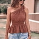 thumbnail image 2 of Blusa de un hombro Top sin mangas Dobladillo con volantes Cintura fruncida elástica Blusa jacquard Camisa Color caramelo S, 2 of 7