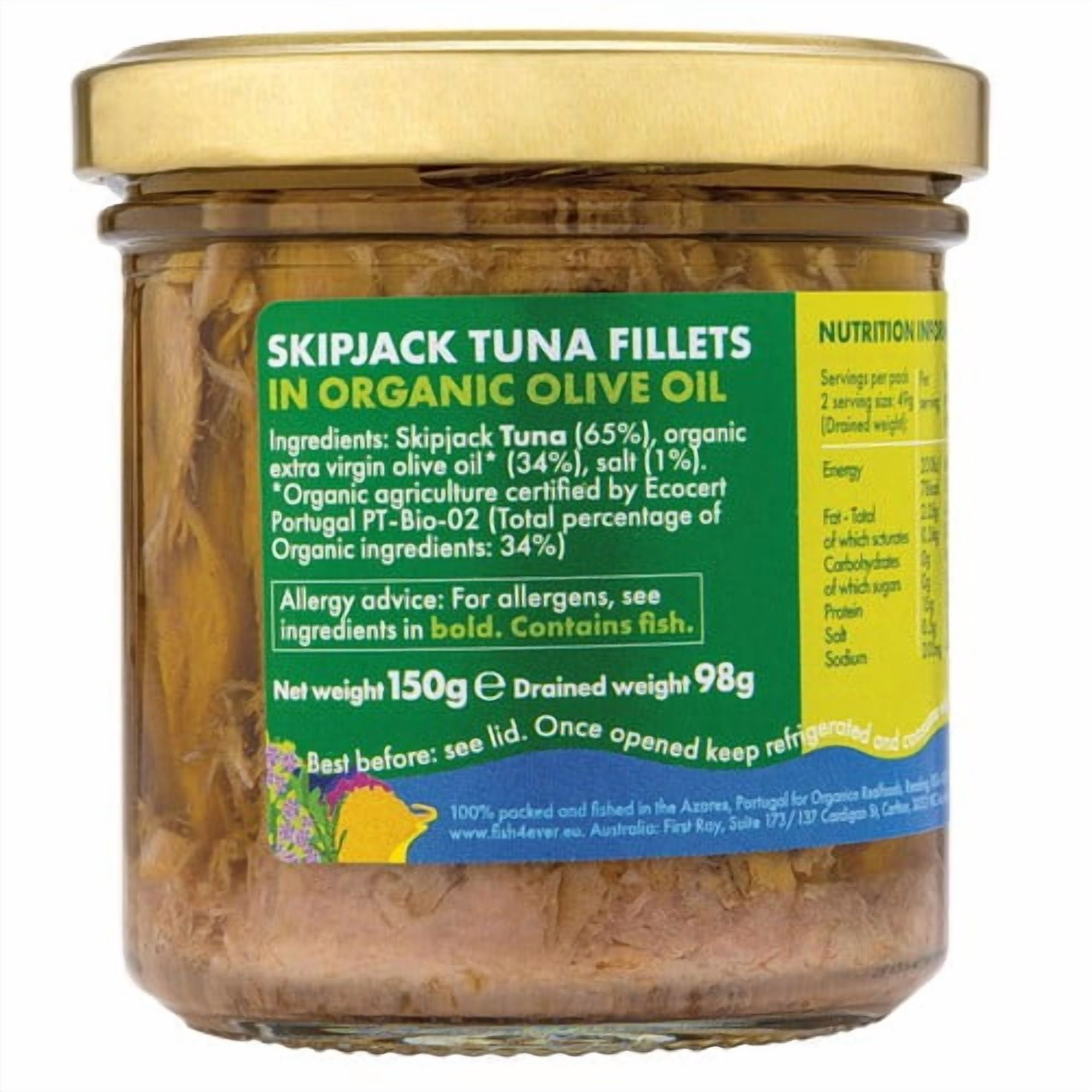 Fish 4 Ever Azores Tuna Fillets in Organic Olive Oil 150g, British Import (Pack of 3)