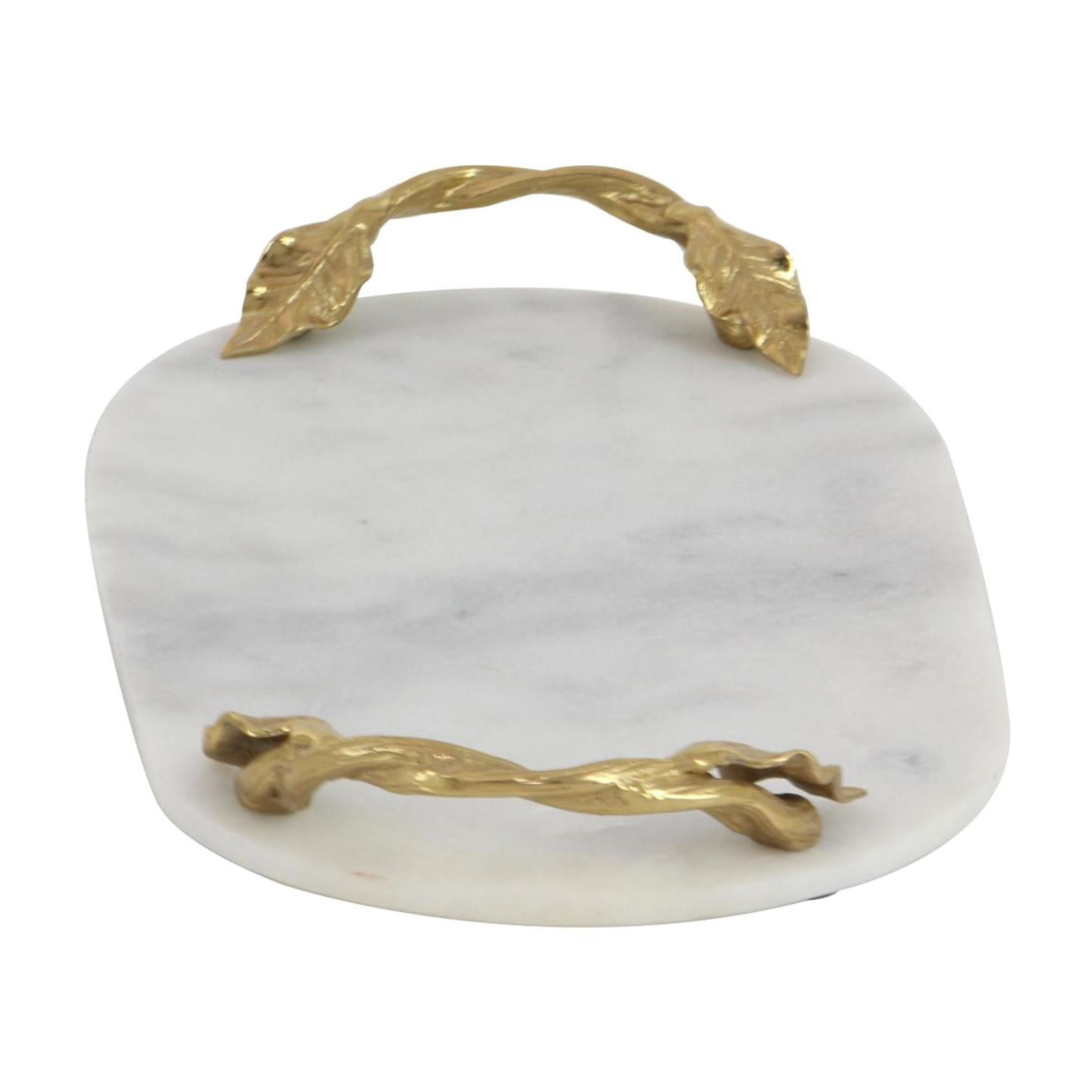 DecMode 20" x 10" White Marble Oval Leaf Tray with Gold Twisted Metal Handles, 1-Piece