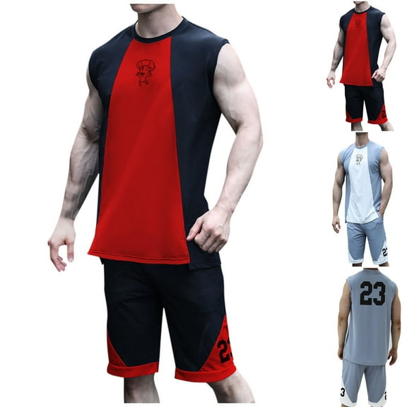 VBTAPA Mens Shorts Sets 2 Piece Casual Sports Outfits Color Block Basketball Shirt and Shorts Set Breathable Summer Tracksuits with Pockets Lake Blue L