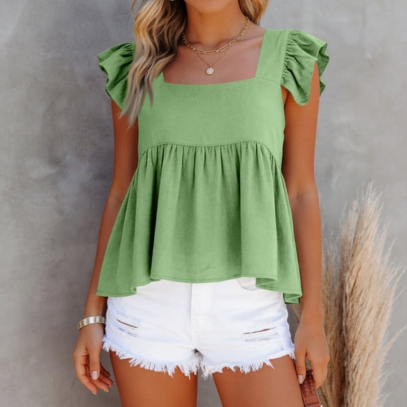 Women's Casual Summer Square Neck Tank Tops Ruffle Strap Sleeveless Peplum Blouse Solid Color Top Shirts Green 2XL