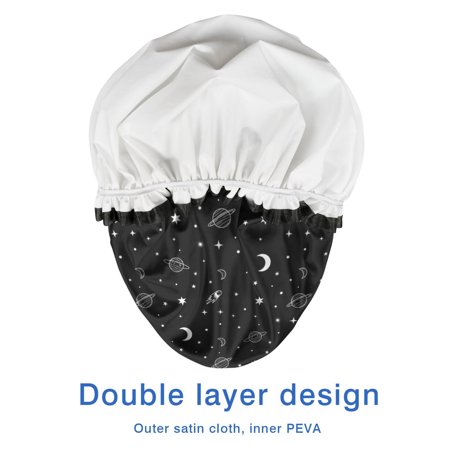 Shower Caps,Black White Star Moon Planet Comet Pattern Waterproof Shower Cap for Women 4 Pieces,Double Reusable Hair Cover for Shower PEVA Elastic Stretch Hem