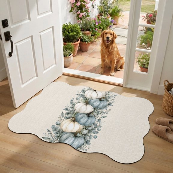 Thanksgiving Diatomaceous Earth Bath Mat, Country Vintage Harvest Teal White Pumpkins Maple Leaf Scalloped Non-Slip Quick Dry Door Mat Super Absorbent Bath Rug for Bathroom Kitchen Laundry 16x24in