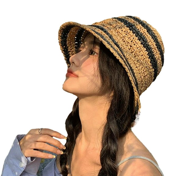 Women Straw Sun Hat Woven Bucket Hat Fishing Hat Beach Hat Foldable Cap Summer Chic Hat Sun Visor Hats Wide-Brim Visors Foldable Beach Hat - Khaki