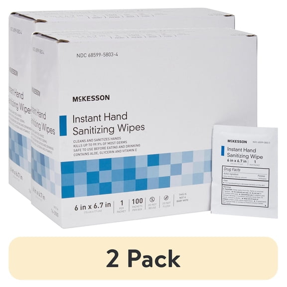 (2 pack) McKesson Instant Hand Sanitizing Wipes, 70% Strength - Individual Packets, 100 Wipes, 1 Pack