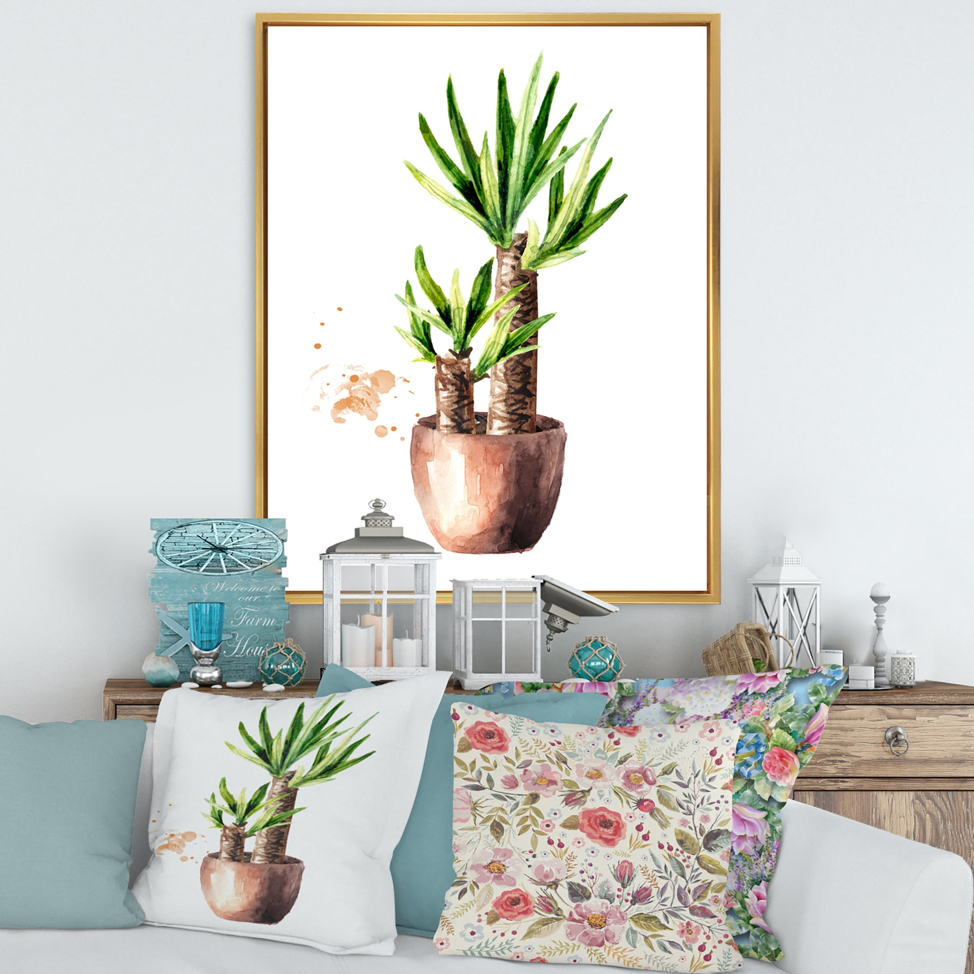Designart 'Yucca Tree In The Ceramic Flower Pot On White' Traditional Framed Canvas Wall Art Print